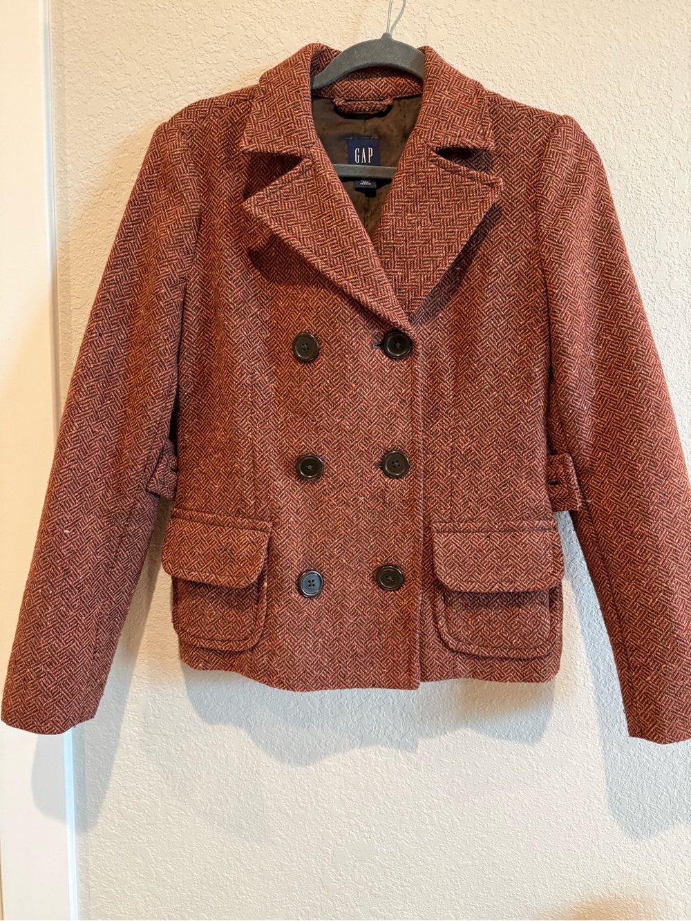 Vintage Gap Wool Blend Herringbone Tweed Double Breasted Pea Coat Jacket 4